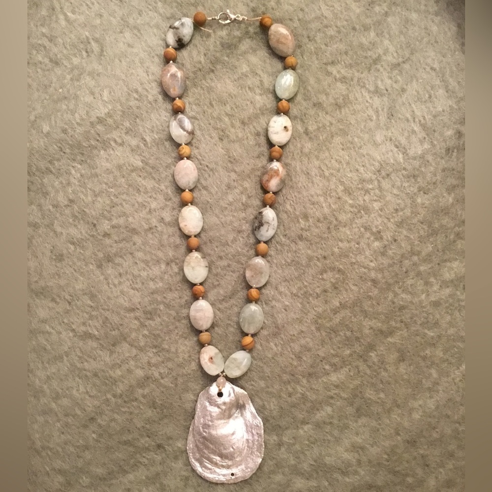 Handmade gemstone and rosewood  beaded necklace with silver oyster shell pendant